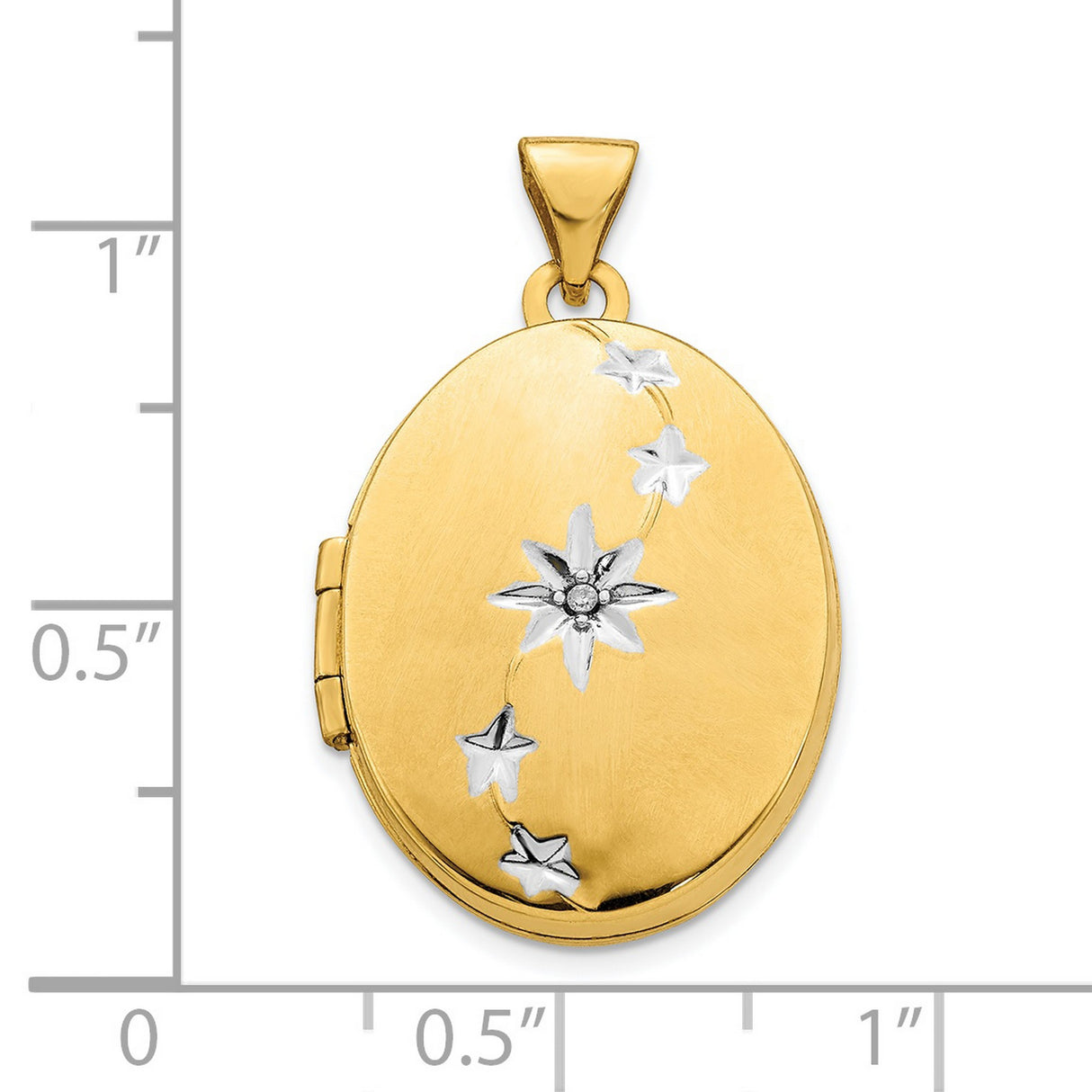 14k Multi-Tone Gold Oval Locket Pendant with Diamond, Rhodium Flower and Star Motif