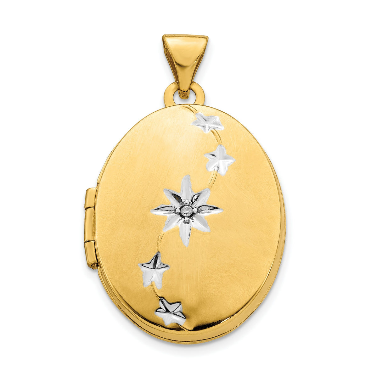 14k Multi-Tone Gold Oval Locket Pendant with Diamond, Rhodium Flower and Star Motif