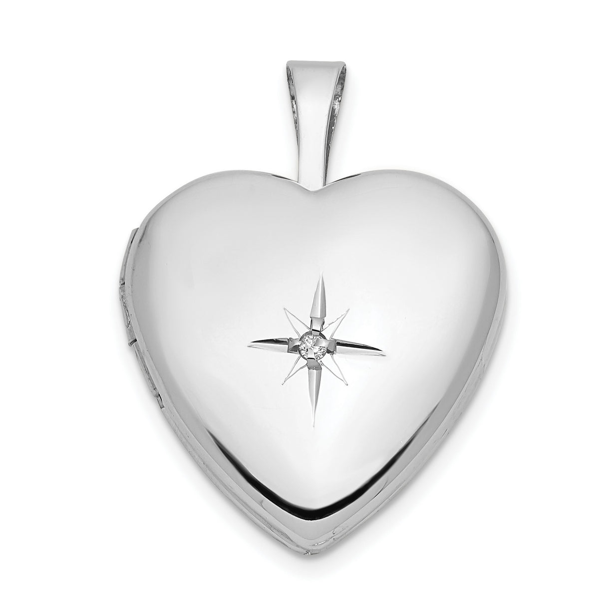 14k White Gold Heart Locket Pendant with Diamond Starburst Engraving