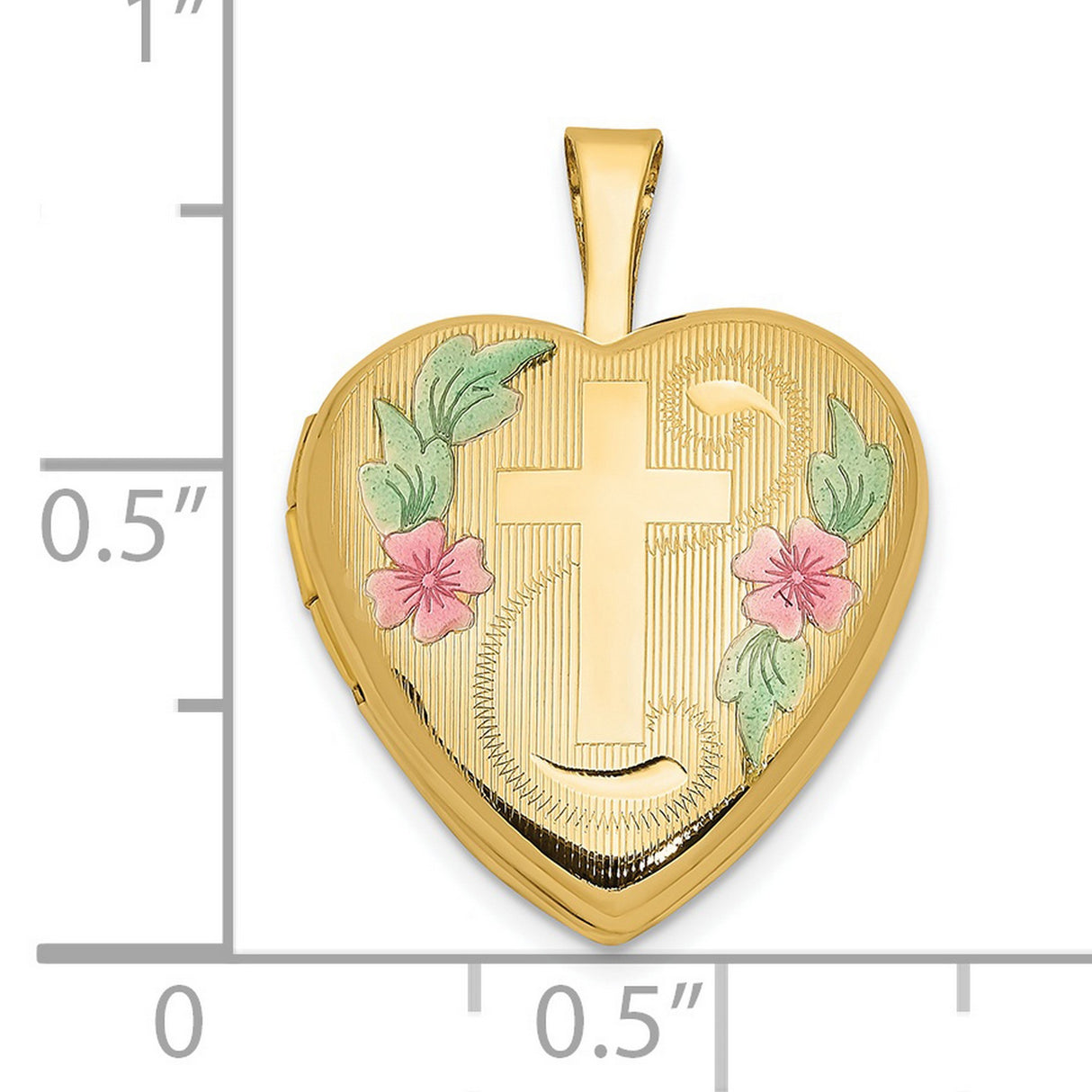 14k Yellow Gold Heart Locket Pendant with Raised Cross and Floral Accents