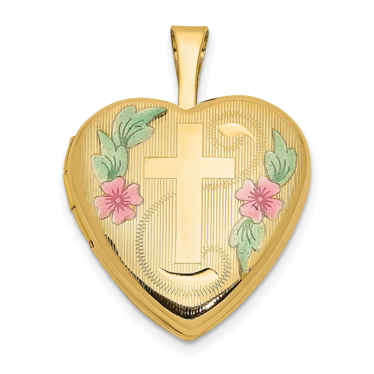 14k Yellow Gold Heart Locket Pendant with Raised Cross and Floral Accents