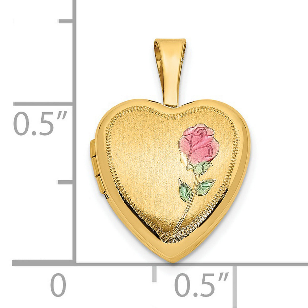 14k Yellow Gold Heart Locket Pendant with Enamel Pink Rose and Green Leaves, Satin Finish