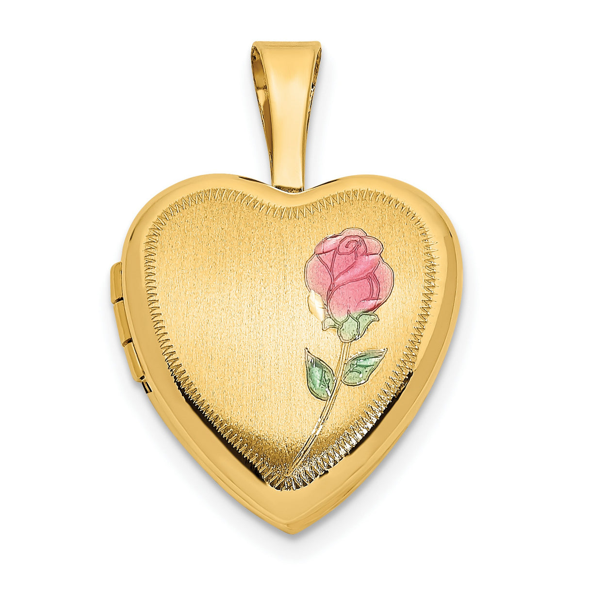 14k Yellow Gold Heart Locket Pendant with Enamel Pink Rose and Green Leaves, Satin Finish