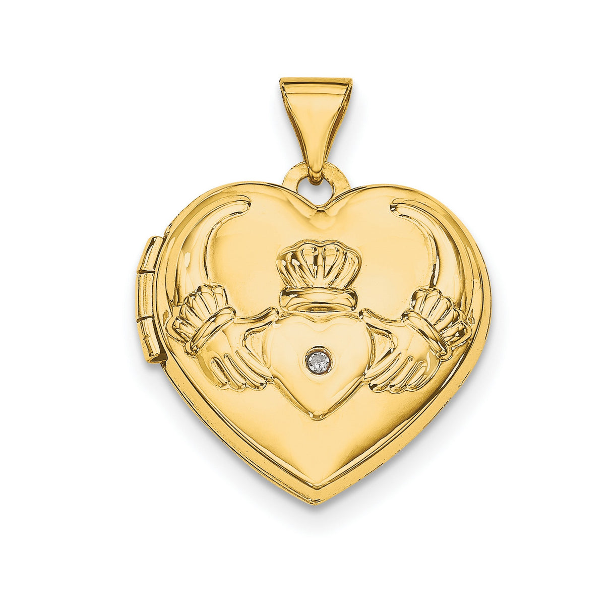 14k Yellow Gold Claddagh Heart Locket Pendant with Diamond Accent, Celtic Symbol of Love and Loyalty