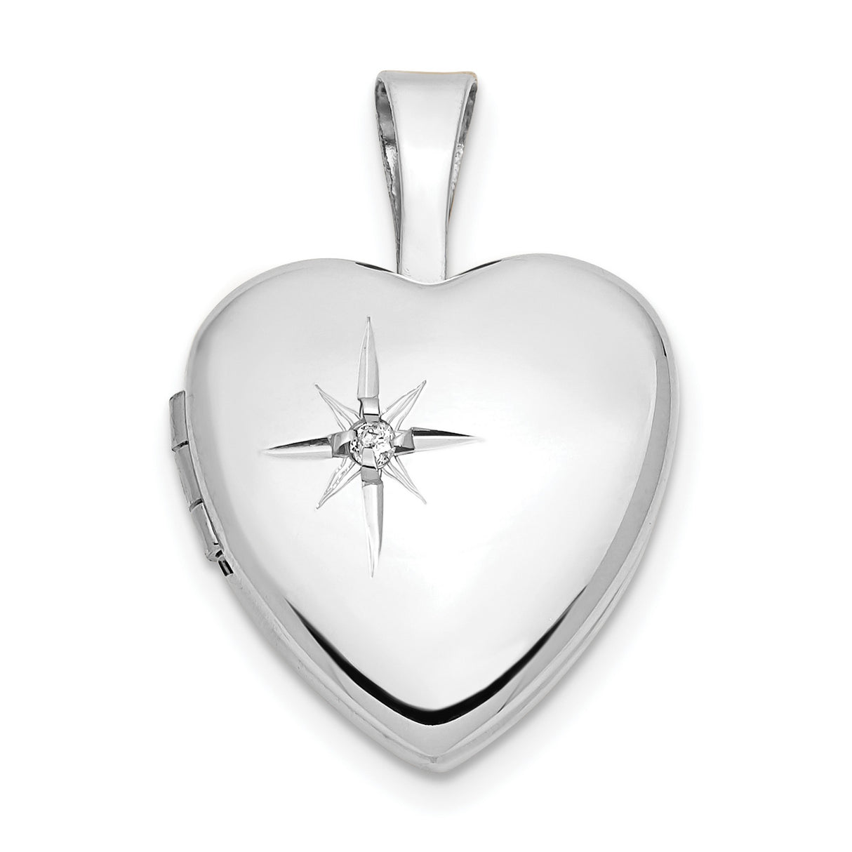 14k White Gold Heart Locket Pendant with Diamond Accent, Starburst Design