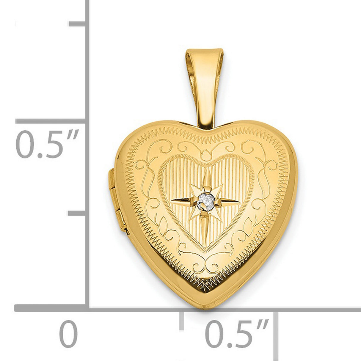 14k Yellow Gold Heart Locket Pendant with Diamond, Scrollwork and Starburst Design