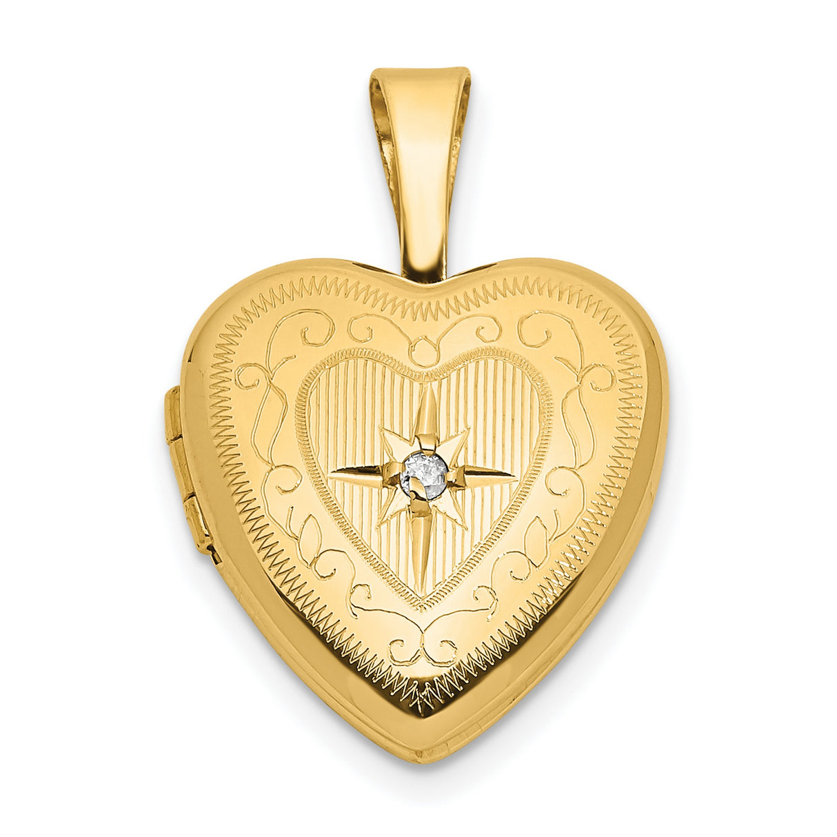 14k Yellow Gold Heart Locket Pendant with Diamond, Scrollwork and Starburst Design