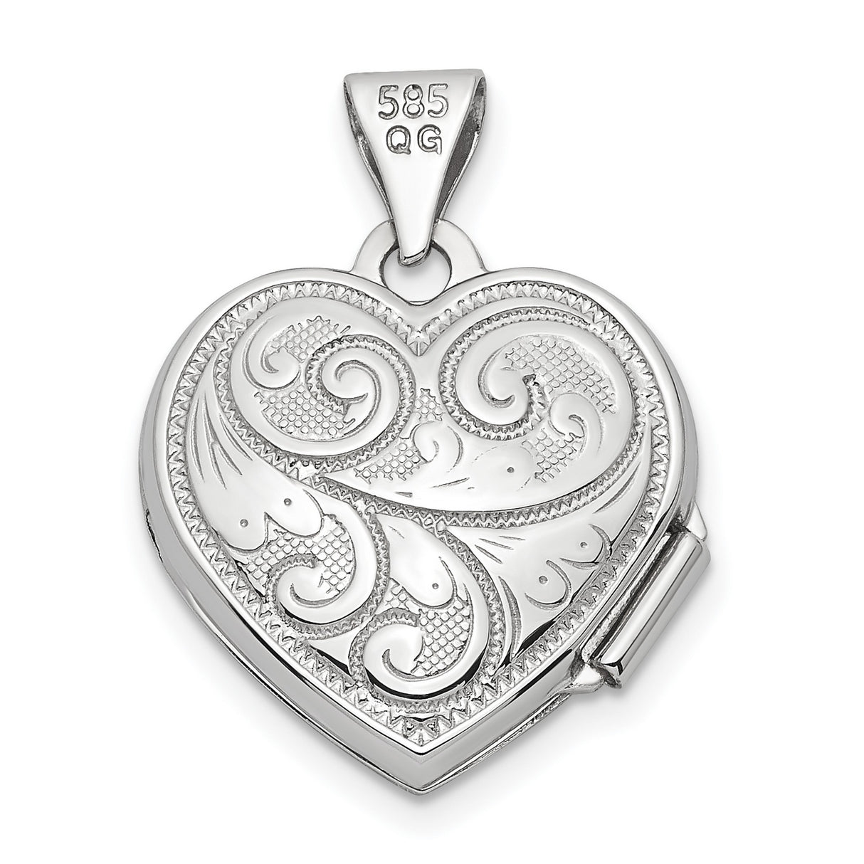 14k White Gold Heart Locket Pendant with Floral Scrollwork, Classic Keepsake Jewelry for Women
