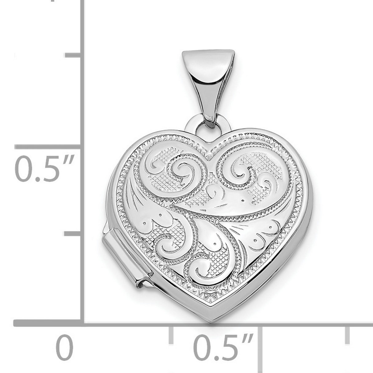 14k White Gold Heart Locket Pendant with Floral Scrollwork, Classic Keepsake Jewelry for Women