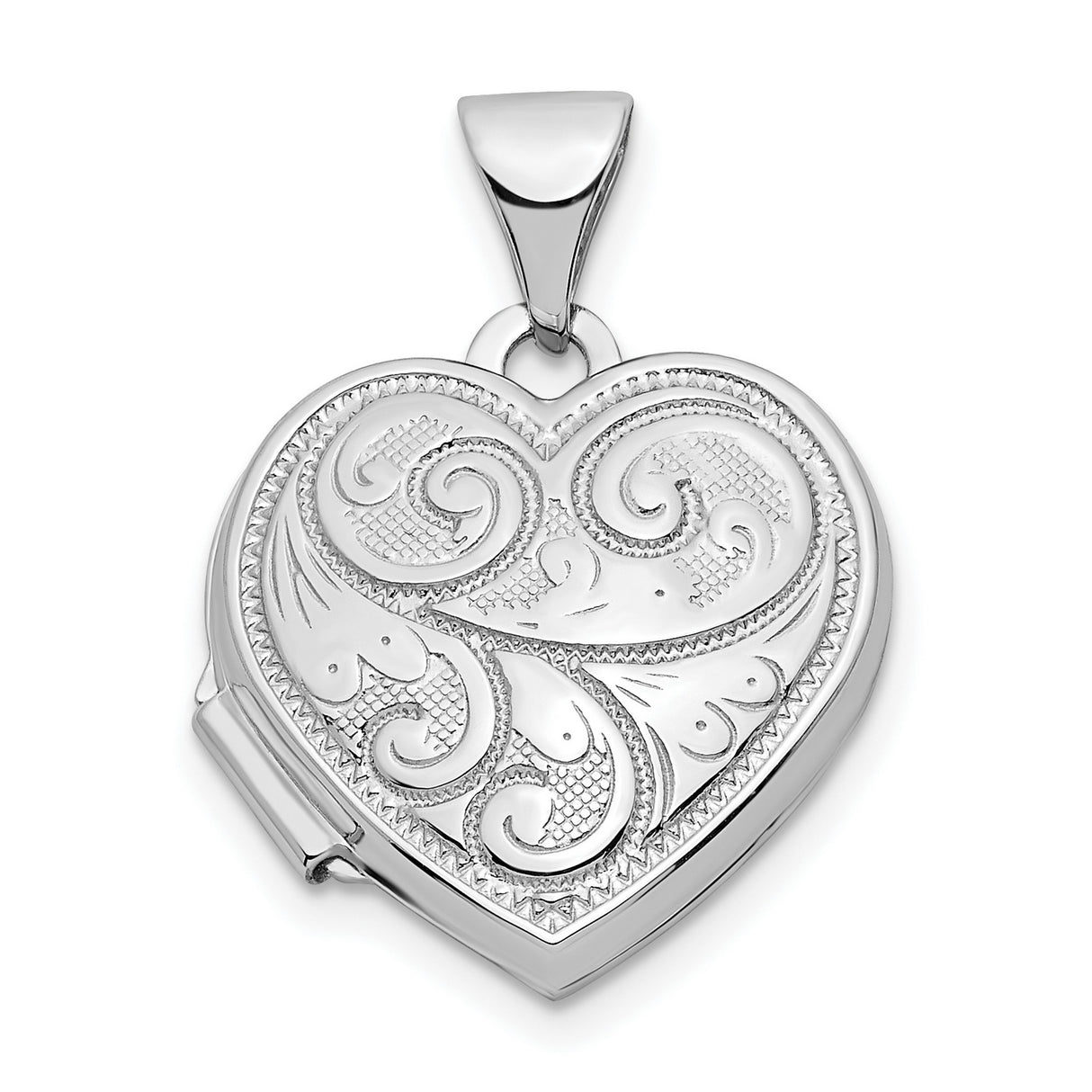 14k White Gold Heart Locket Pendant with Floral Scrollwork, Classic Keepsake Jewelry for Women