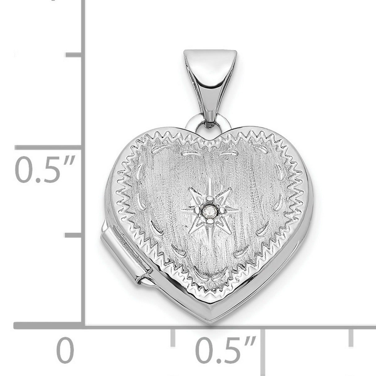 14k White Gold Heart Locket Pendant with Diamond Accent and Starburst Design