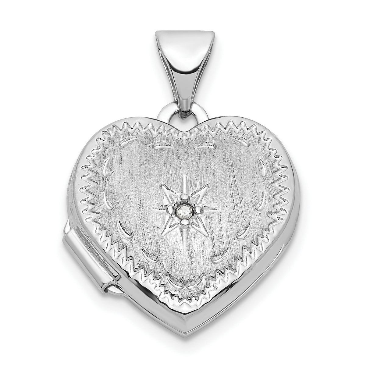 14k White Gold Heart Locket Pendant with Diamond Accent and Starburst Design