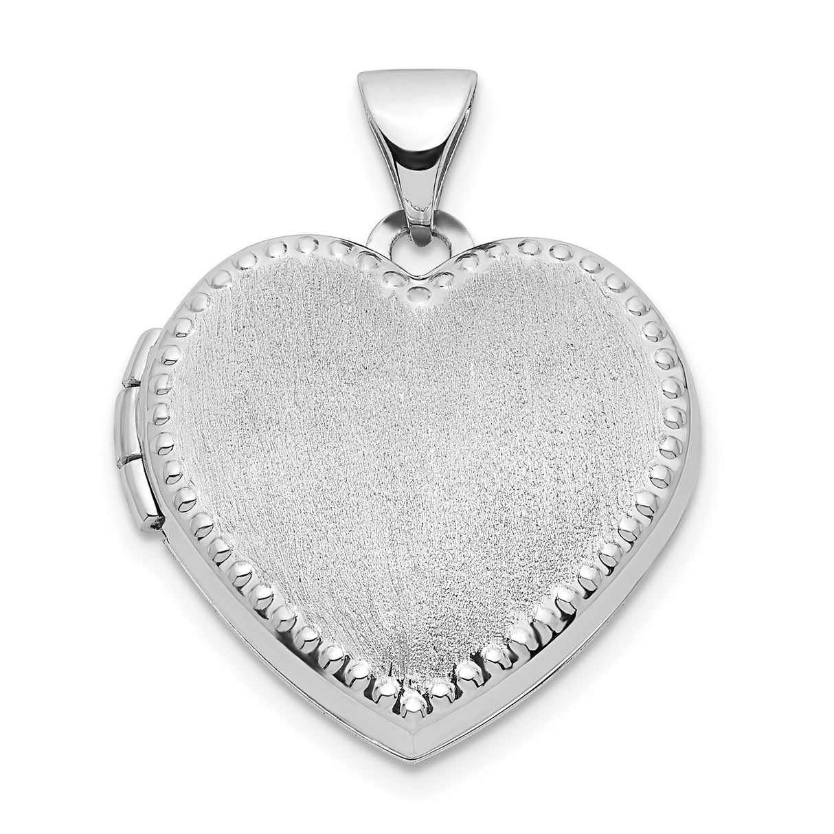 14k White Gold Heart Shaped Locket Pendant with Brushed Center and Beaded Edge