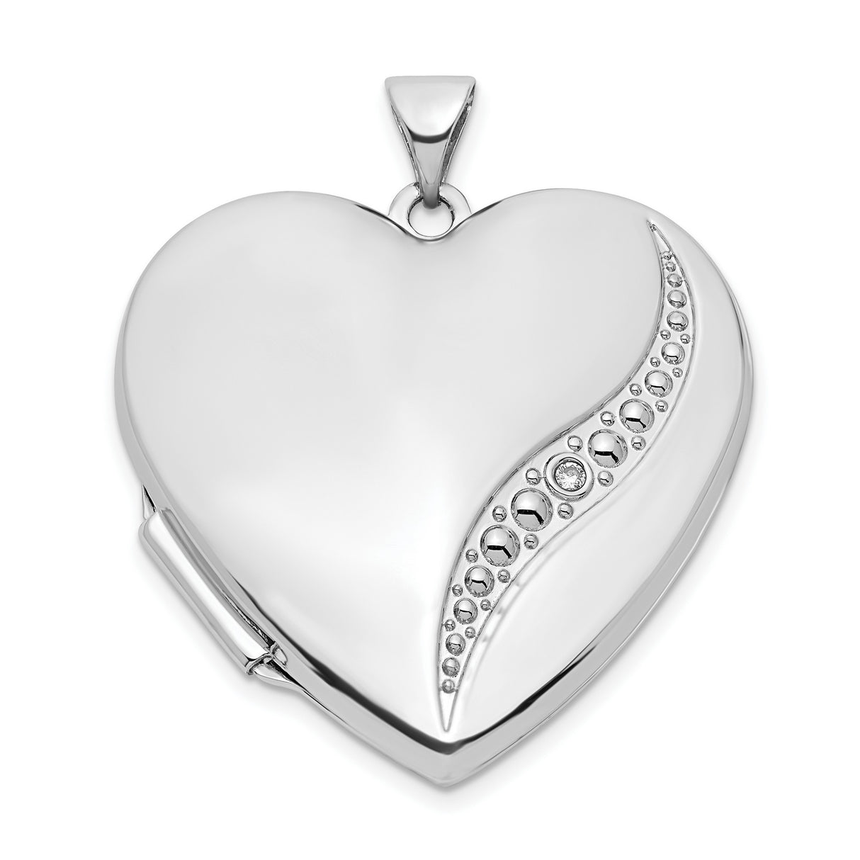 14k White Gold Heart Locket Pendant with Diamond Accents, Modern Curved Design for Women