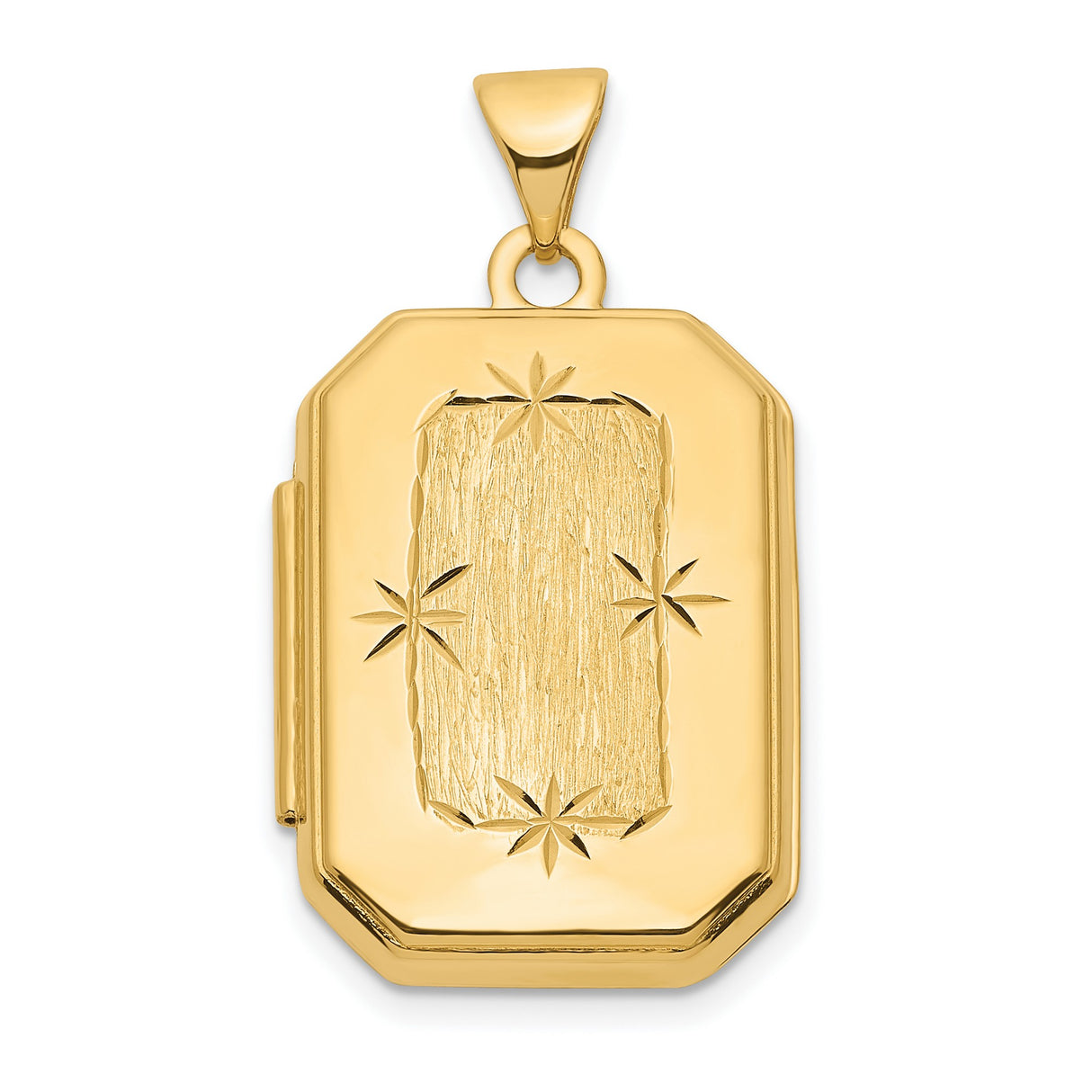 14k Yellow Gold Rectangular Locket Pendant with Brushed Finish and Starburst Design