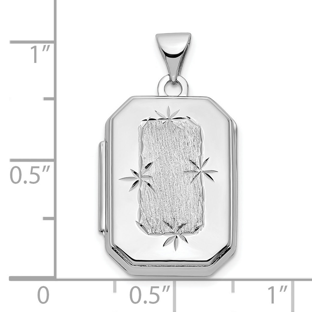 14k White Gold Rectangular Locket Pendant with Brushed Finish and Starburst Engraving