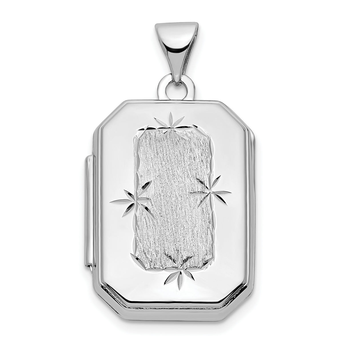 14k White Gold Rectangular Locket Pendant with Brushed Finish and Starburst Engraving