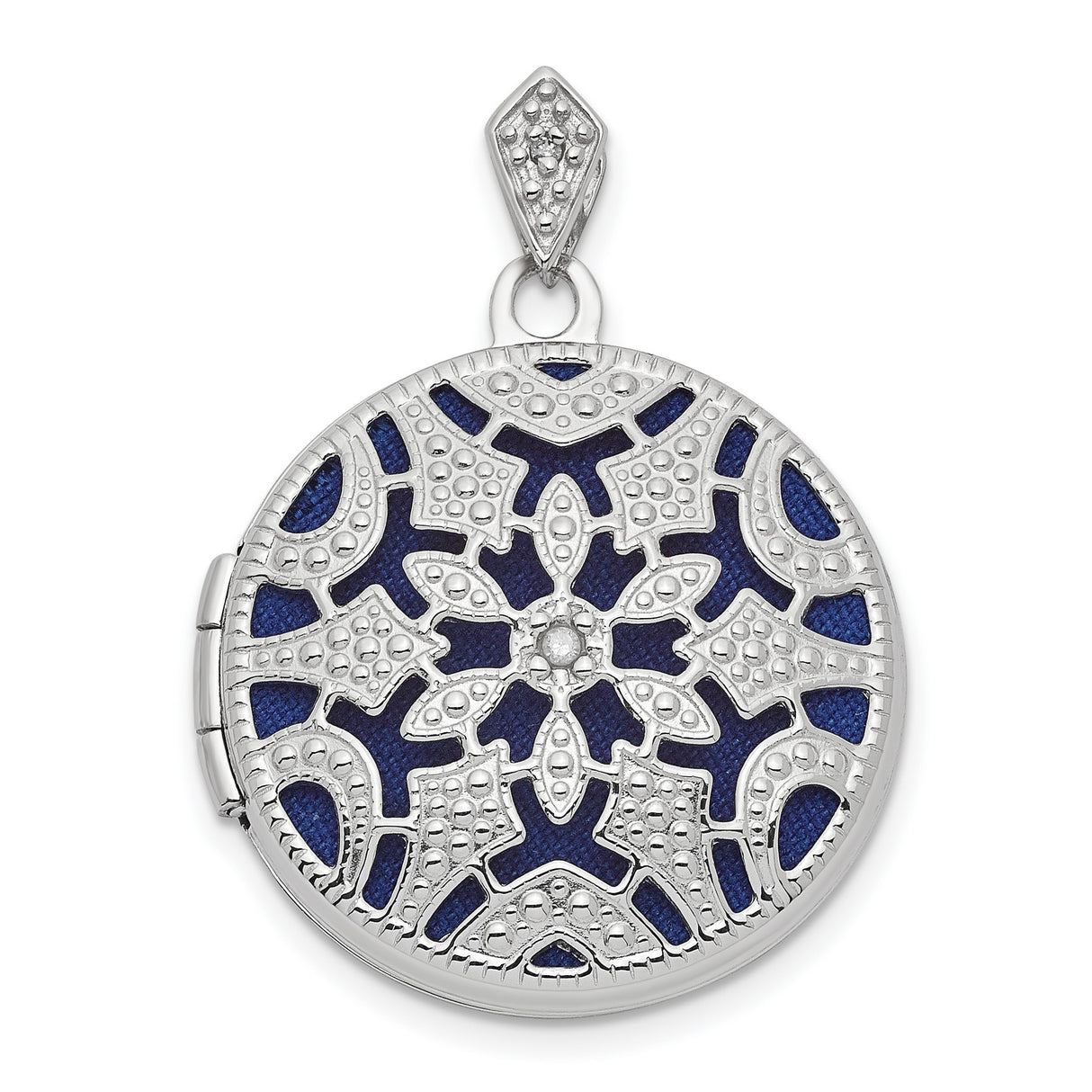 14k White Gold Locket Pendant with Diamond, Blue Enamel Floral Filigree Mandala Design