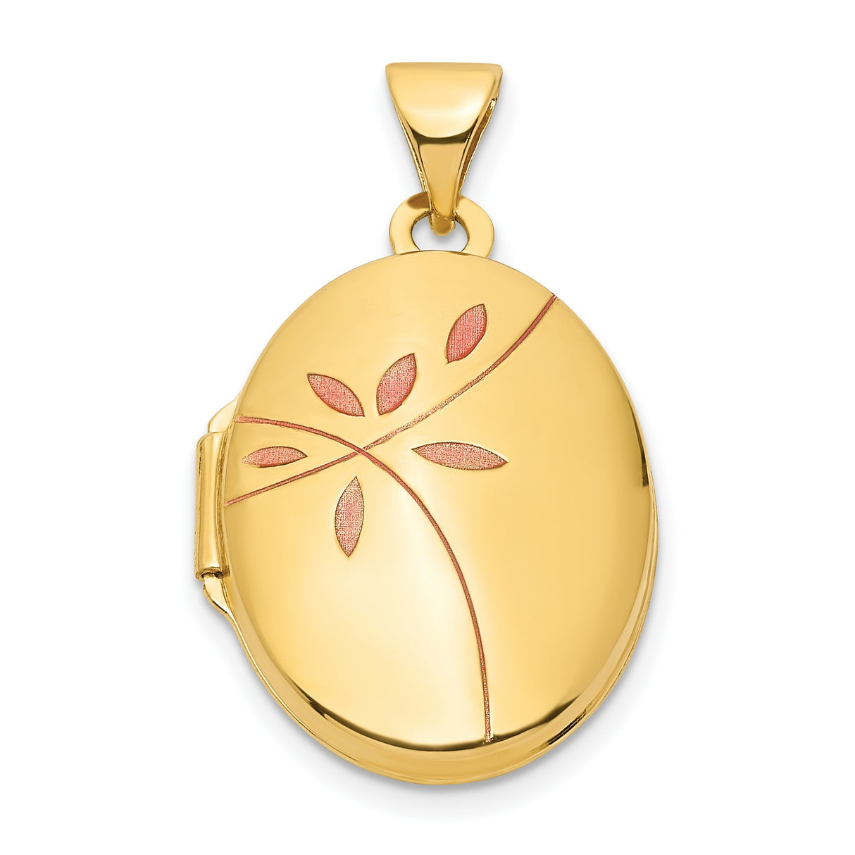 14k Yellow Gold Oval Locket Pendant with Rose Leaf and Branch Design, Nature-Inspired Jewelry for Women