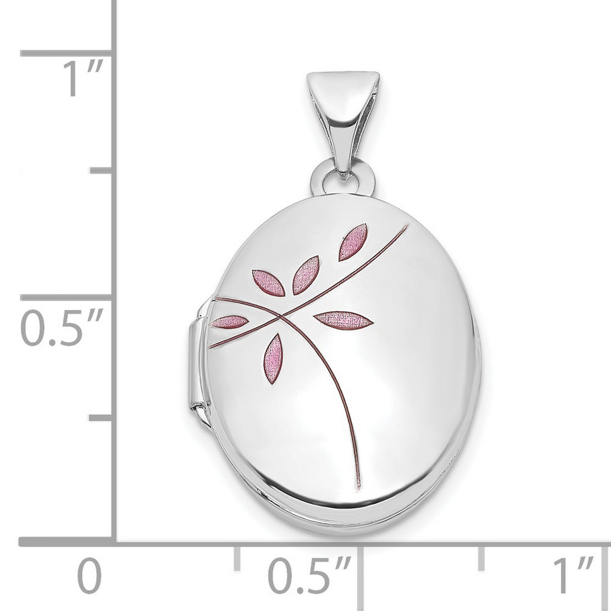 14k White Gold Oval Locket Pendant with Pink Enamel Floral Design for Women