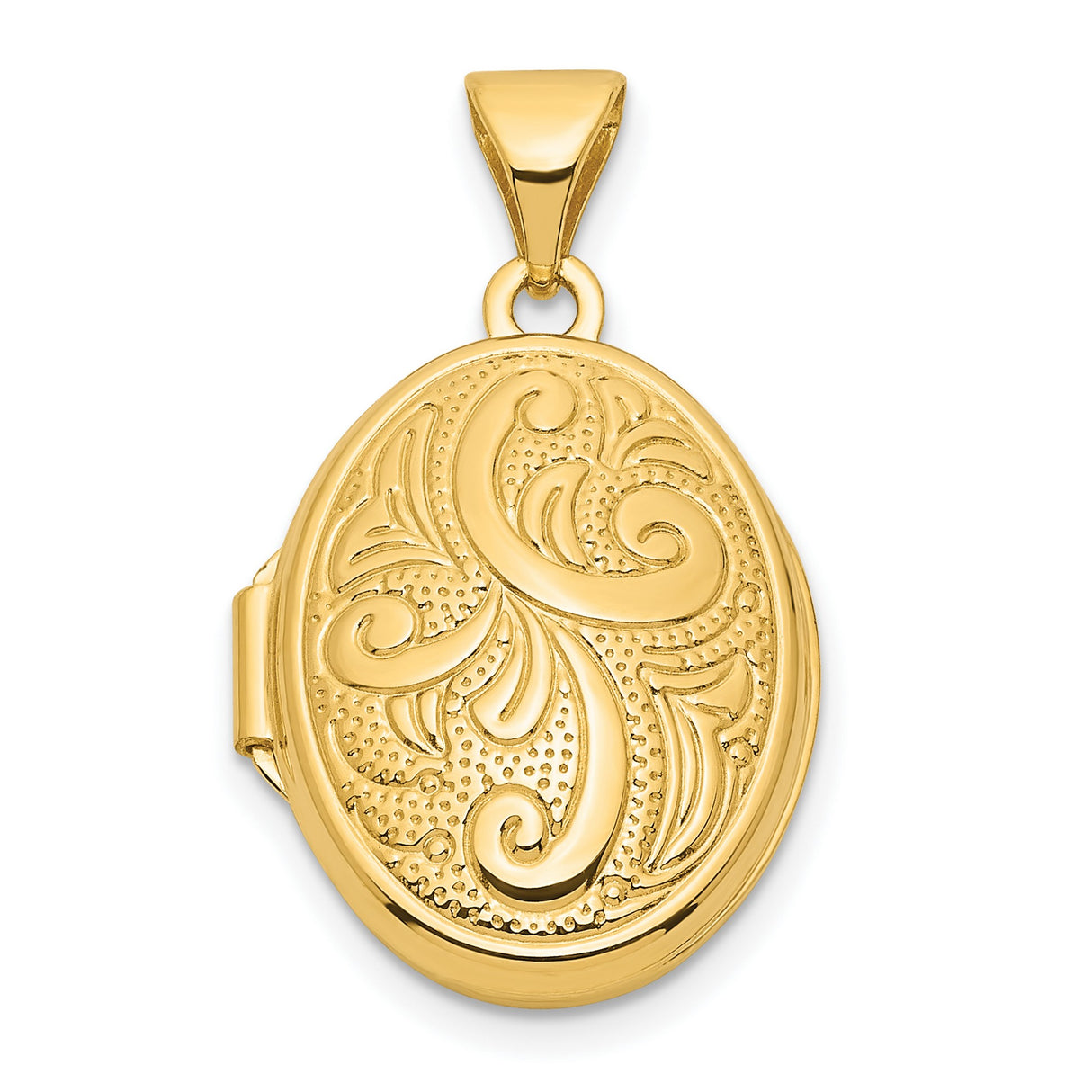 14k Yellow Gold Oval Locket Pendant with Floral Scroll Pattern, Antique Style Keepsake Jewelry