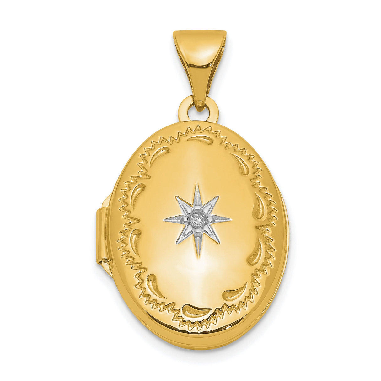 14k Yellow Gold Oval Locket Pendant with Diamond, Starburst Design, Vintage Keepsake Jewelry
