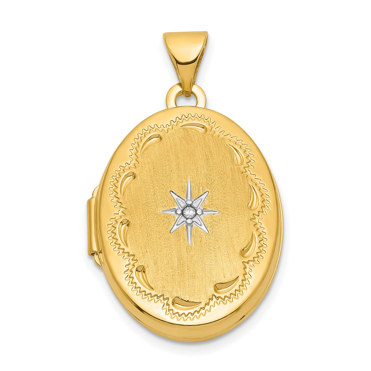 14k Yellow Gold and Rhodium Oval Locket Pendant with Diamond and Starburst Design