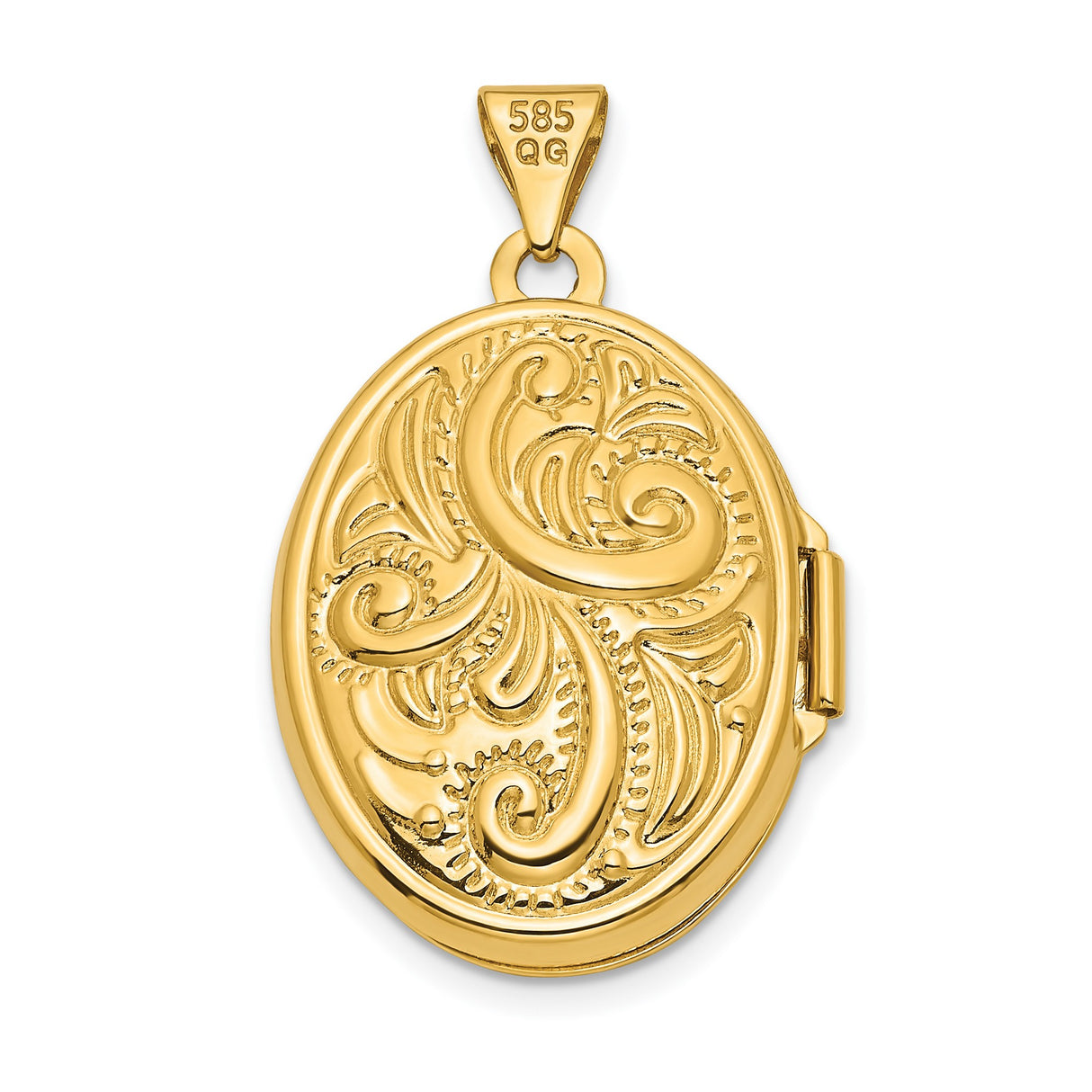14k Yellow Gold Oval Locket Pendant with Intricate Floral Scroll Design for Women