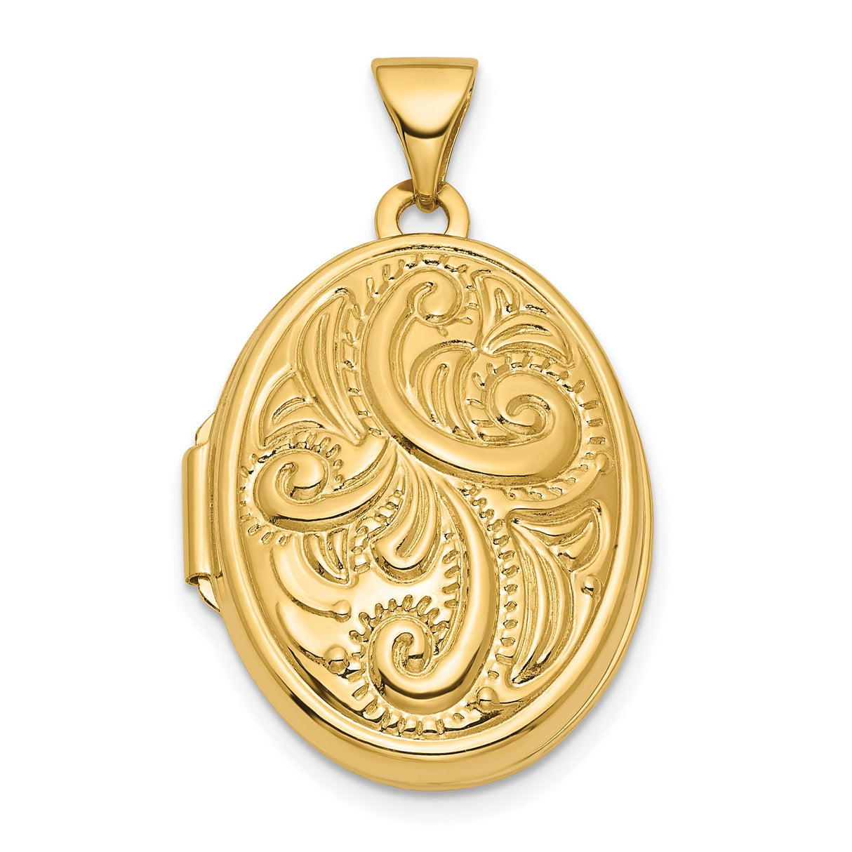 14k Yellow Gold Oval Locket Pendant with Intricate Floral Scroll Design for Women