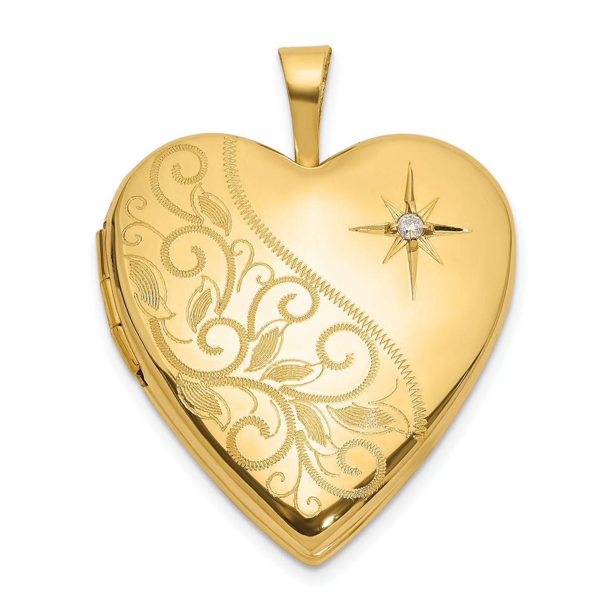 14k Yellow Gold Heart Locket Pendant with Diamond, Floral Engraving, Vintage-Inspired Design