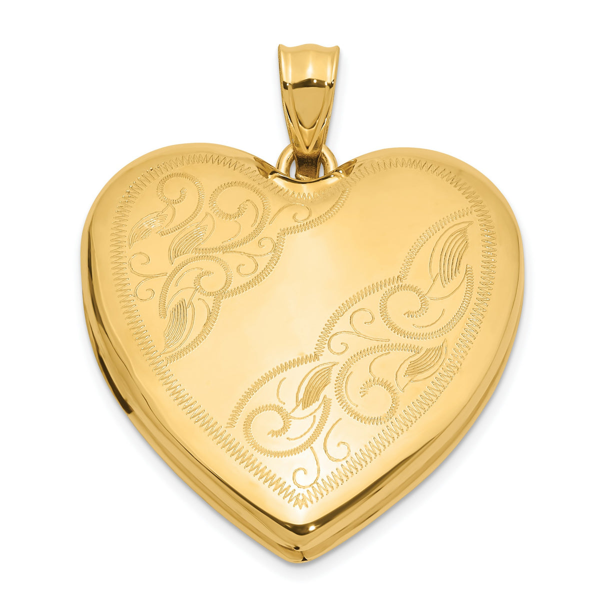 14k Yellow Gold Heart Locket Pendant with Floral Engraving and Scroll Design