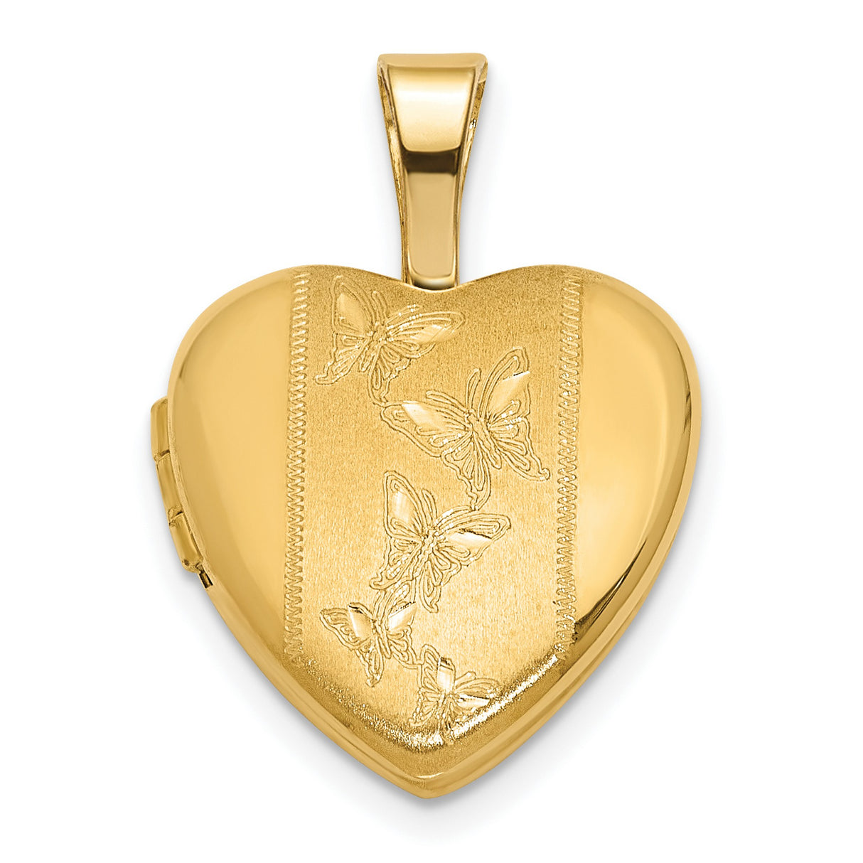 14k Yellow Gold Heart Shaped Butterfly Locket Pendant with Satin Finish and Engraving for Women