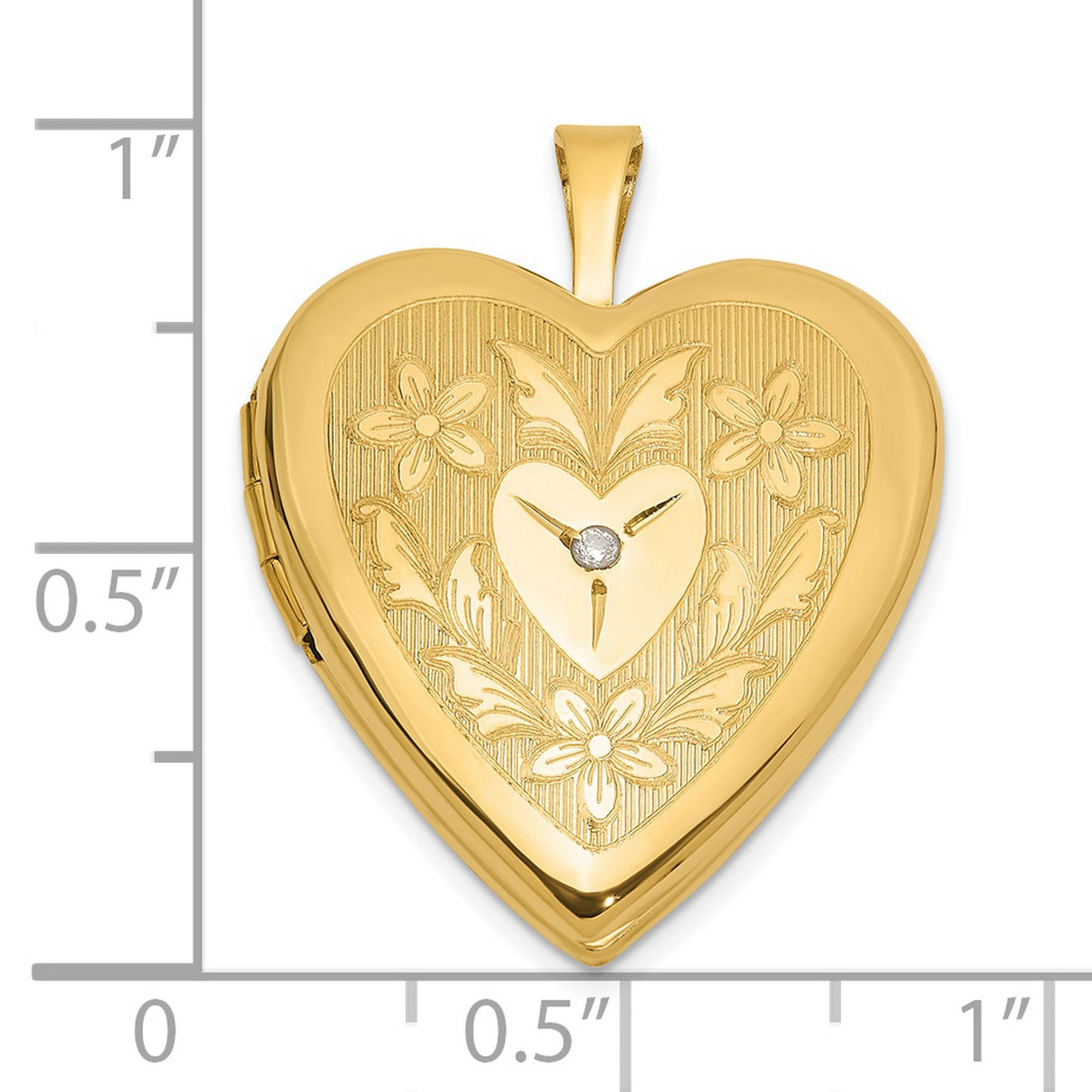 14k Yellow Gold Heart Locket Pendant with Diamond Accent and Floral Engraving for Women