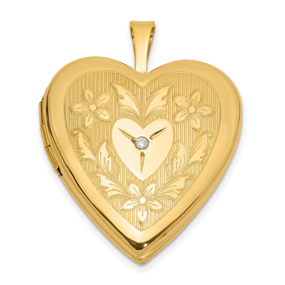 14k Yellow Gold Heart Locket Pendant with Diamond Accent and Floral Engraving for Women