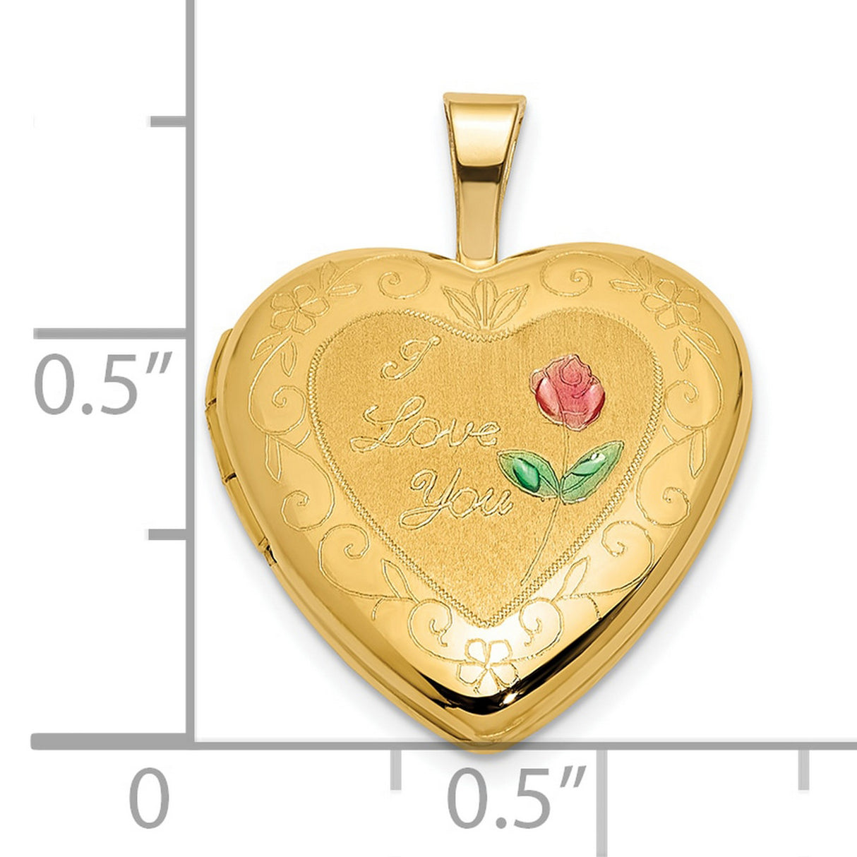 14k Yellow Gold Heart Locket Pendant with I Love You Engraving, Rose and Scroll Design