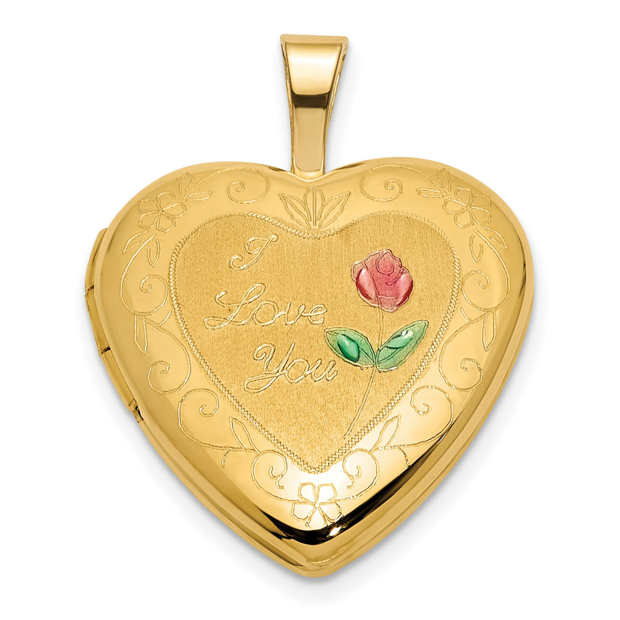 14k Yellow Gold Heart Locket Pendant with I Love You Engraving, Rose and Scroll Design