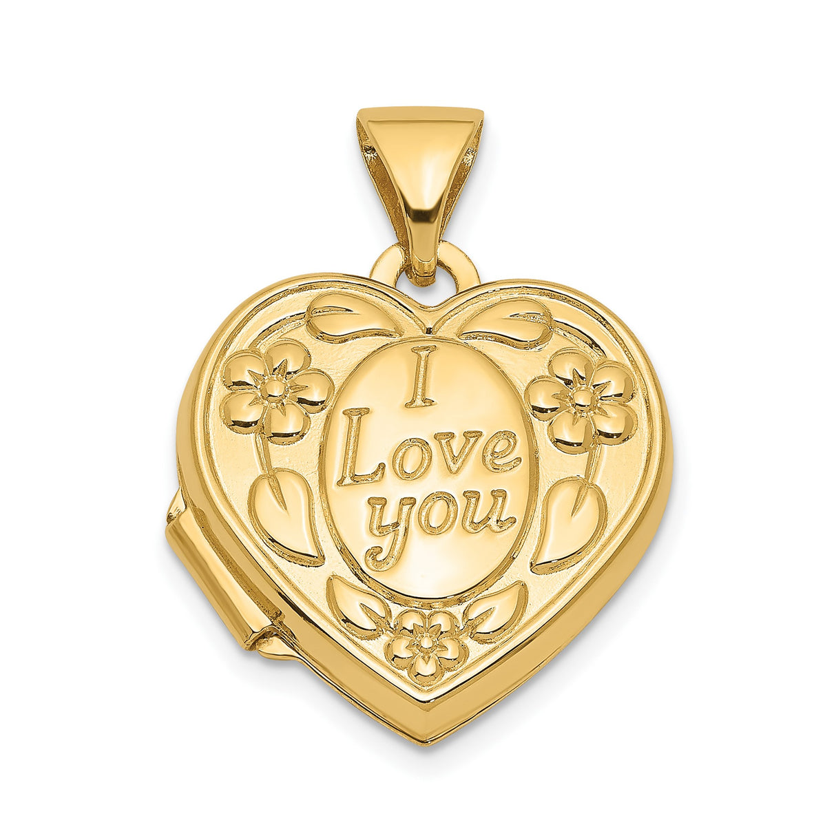 14k Yellow Gold Heart Locket Pendant with Floral Engraving and I Love You Message for Women