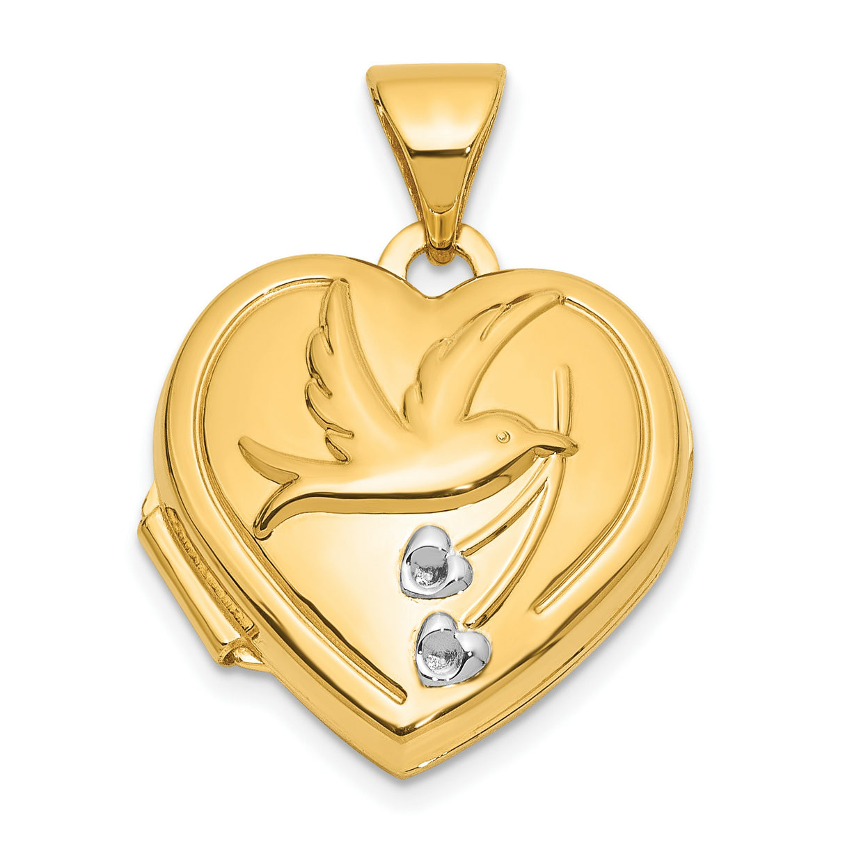 14k Multi-Tone Gold Heart Locket Pendant with Dove and Rhodium Accents, Christian Memorial Jewelry