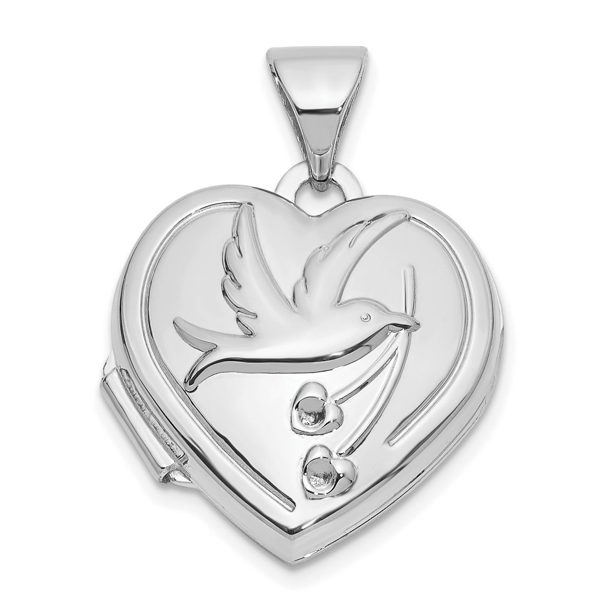 14k White Gold Heart Locket Pendant with Dove and Double Hearts for Women