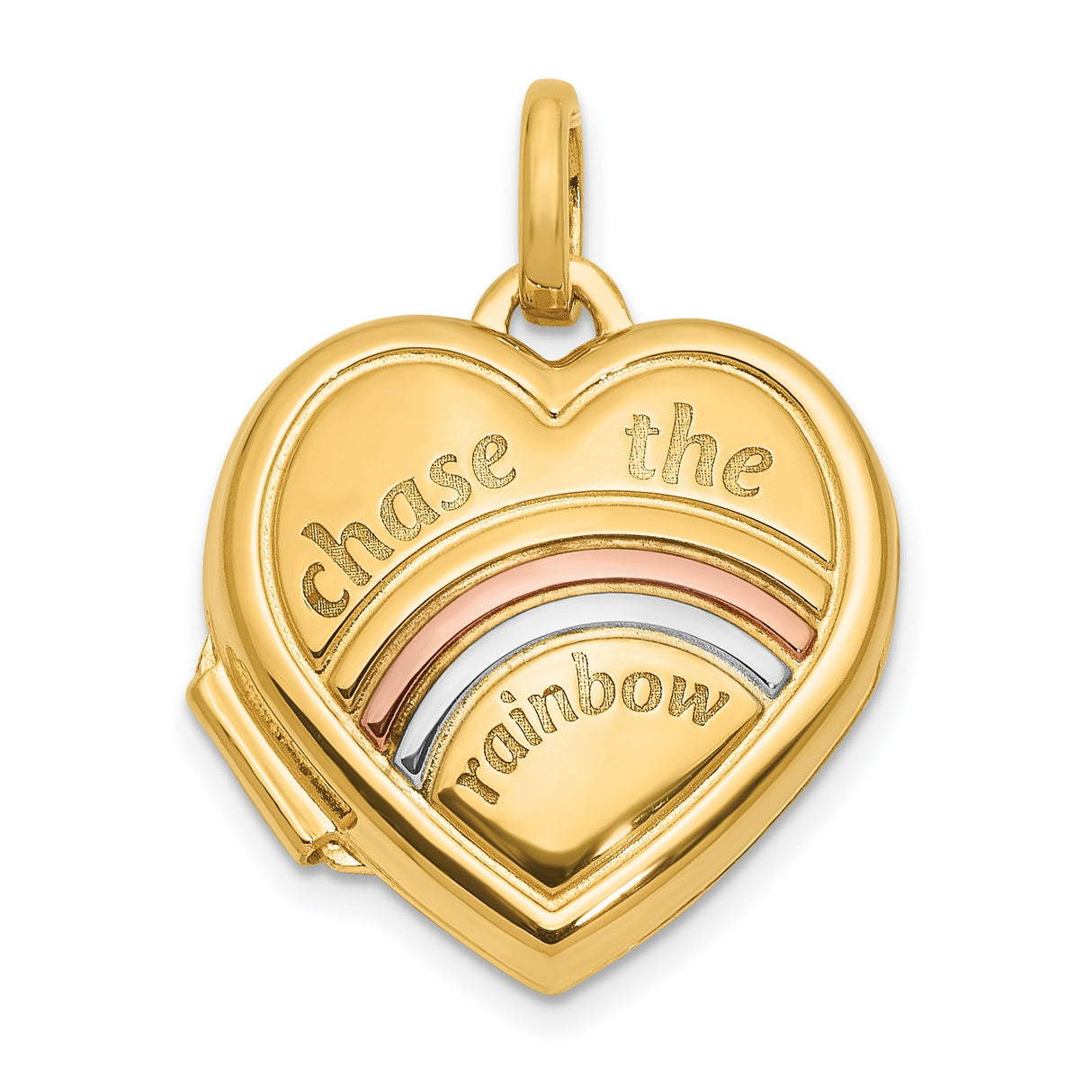 14k Multi-Tone Gold Heart Locket Pendant with Tri-Color Rainbow Design, Chase the Rainbow Engraving