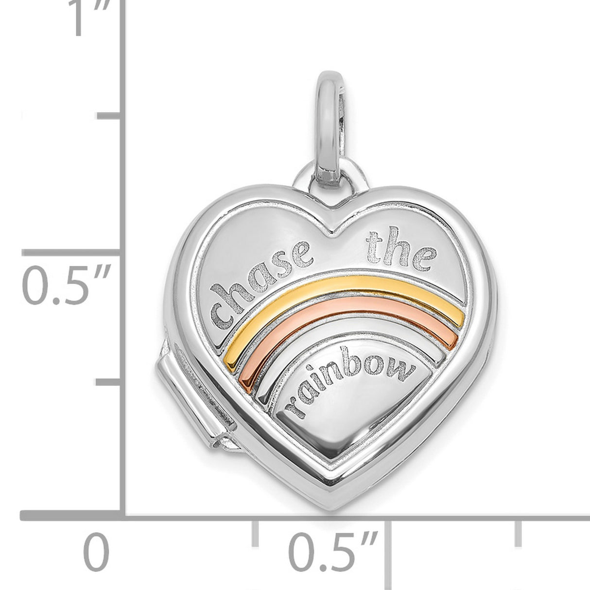 14k White Gold Heart Locket Pendant with Tricolor Rainbow Charm, Symbol of Positivity