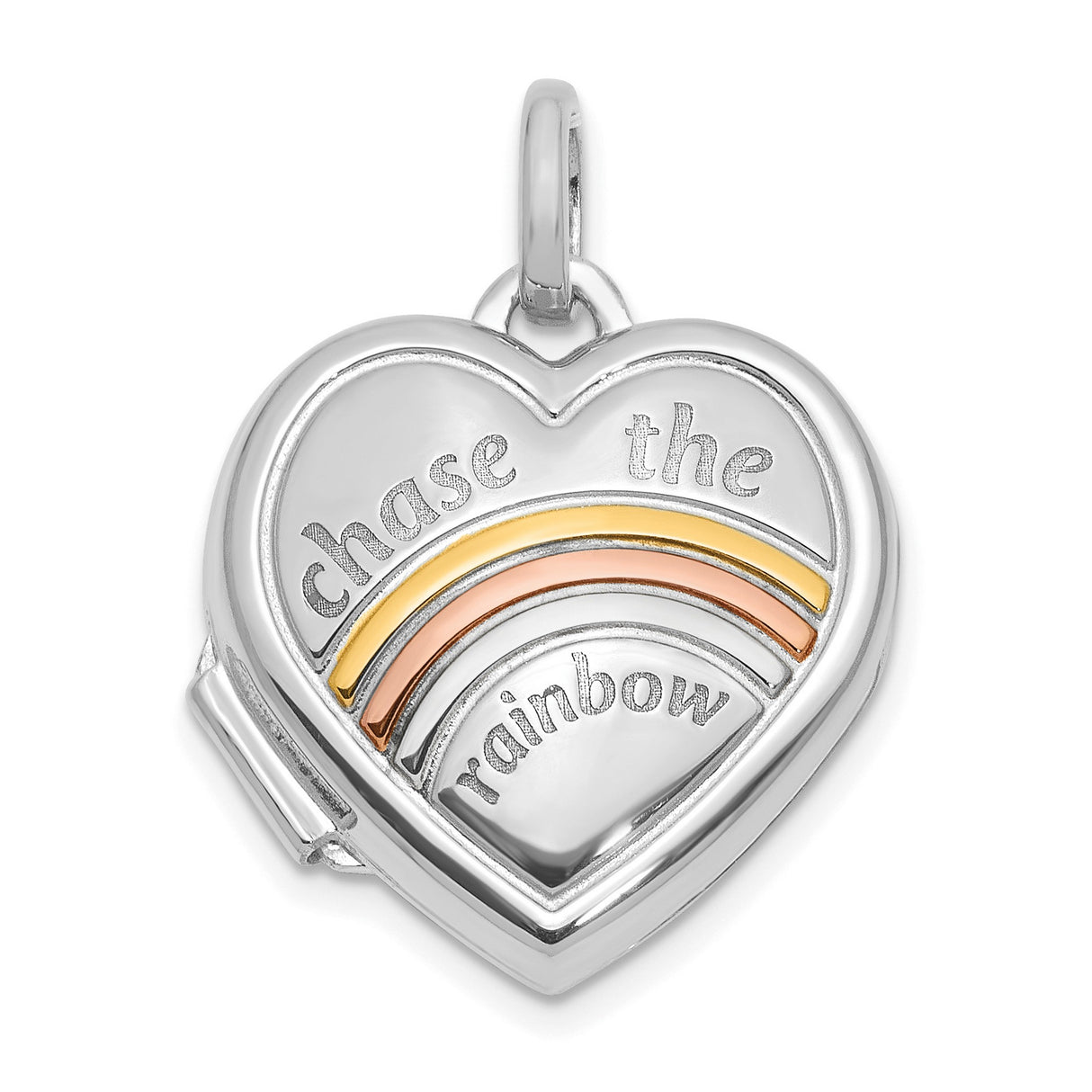 14k White Gold Heart Locket Pendant with Tricolor Rainbow Charm, Symbol of Positivity