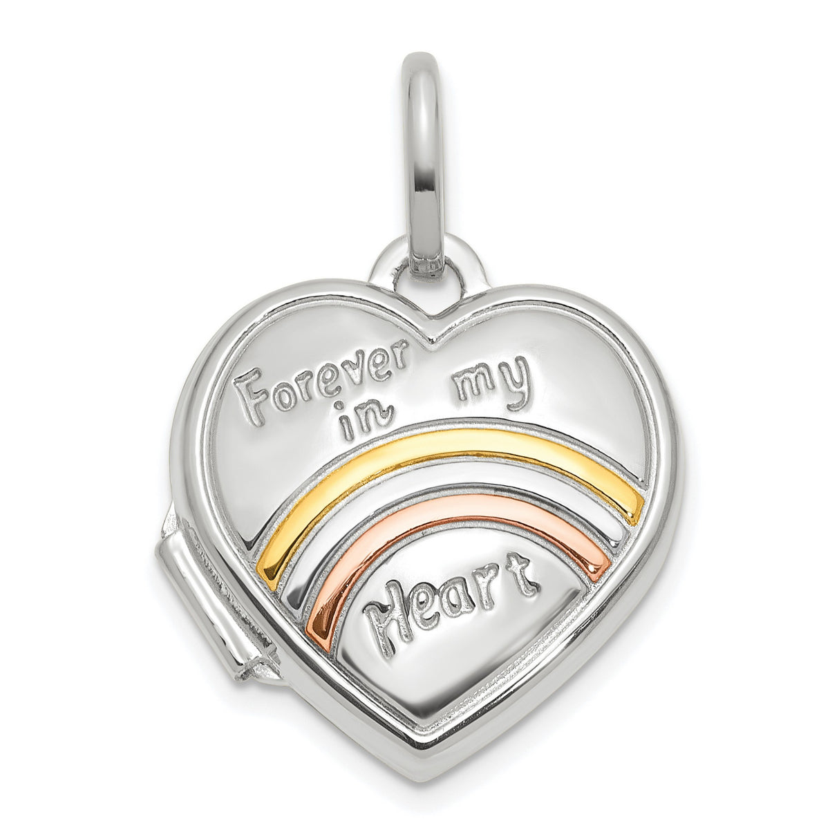 14k White Gold Heart Locket Pendant with Forever in My Heart Engraving, Rose and Rainbow Accents