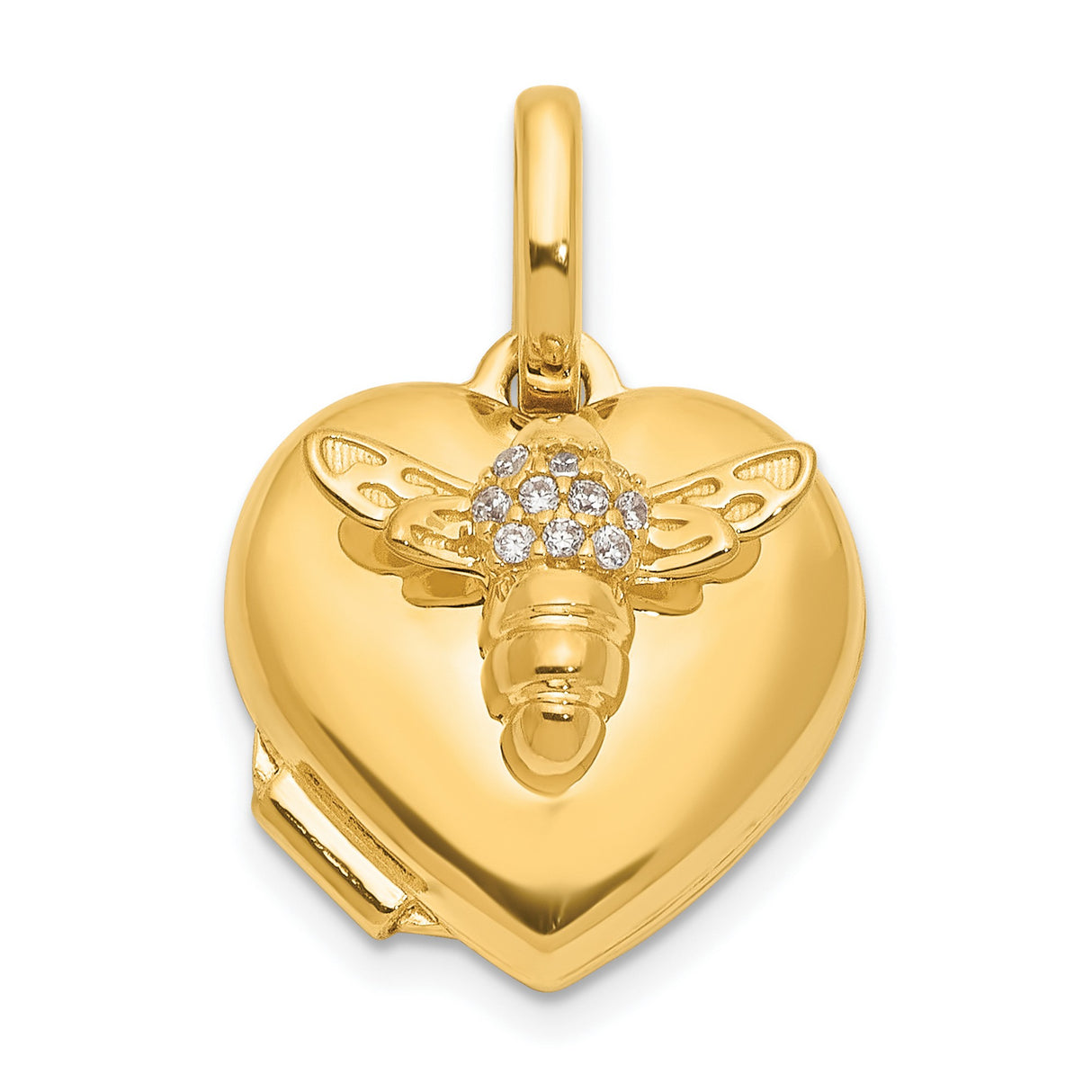 14k Yellow Gold Heart Locket Pendant with Cubic Zirconia Bee Wings, Nature-Inspired Charm