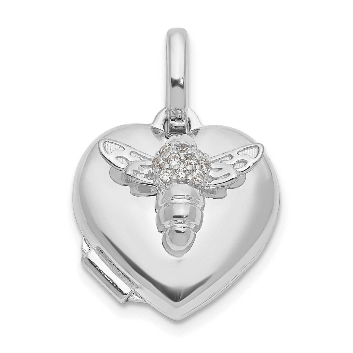 14k White Gold Heart Locket Pendant with Cubic Zirconia and Bee Design