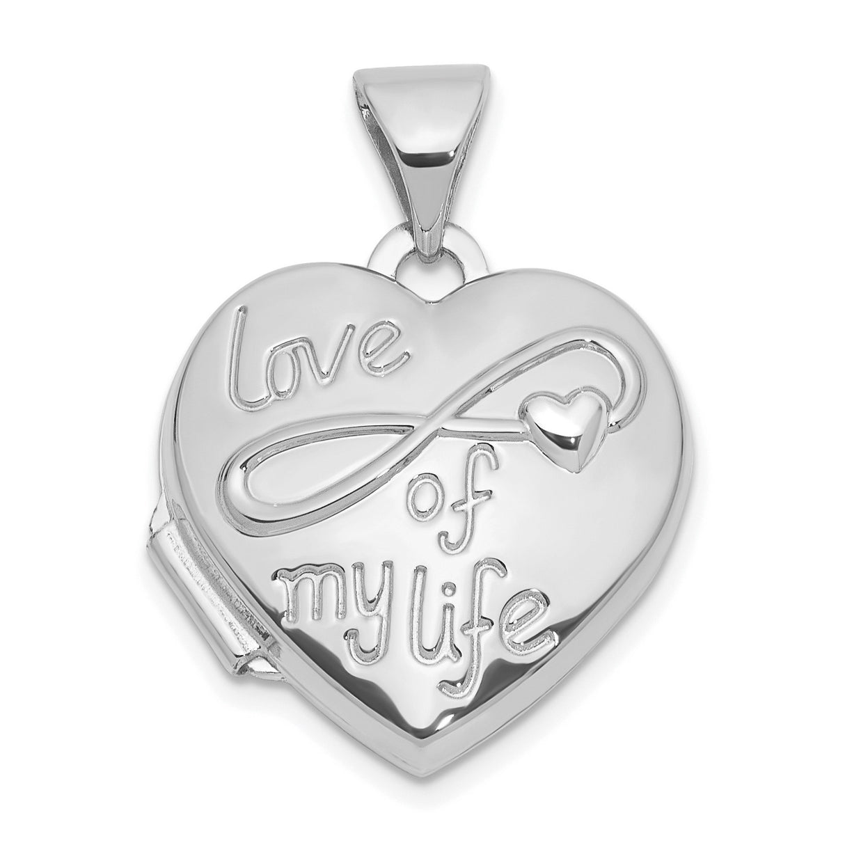 14k White Gold Heart Locket Pendant with Infinity Symbol and Love of My Life Engraving