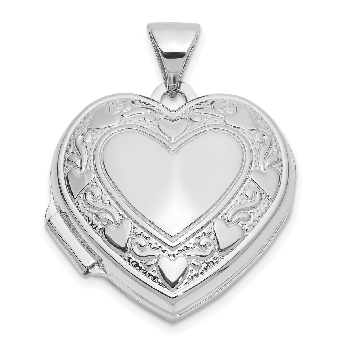 14k White Gold Heart Locket Pendant with Scrollwork and Multi Heart Design for Women