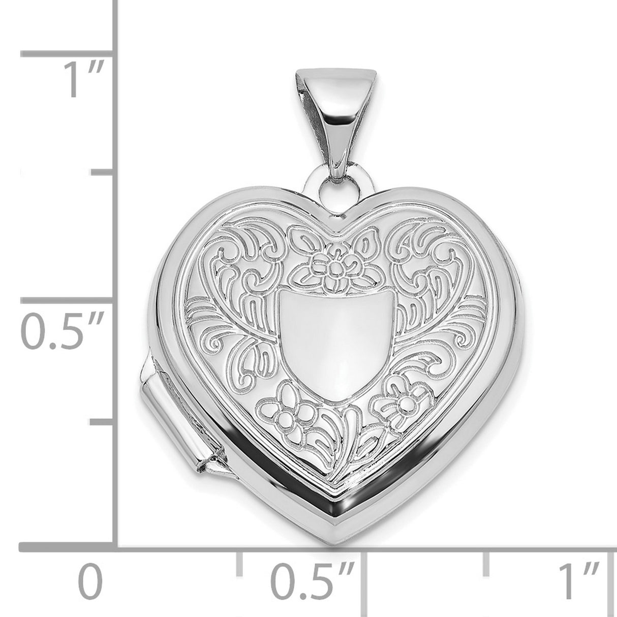 14k White Gold Heart Locket Pendant with Floral Design and Shield Motif