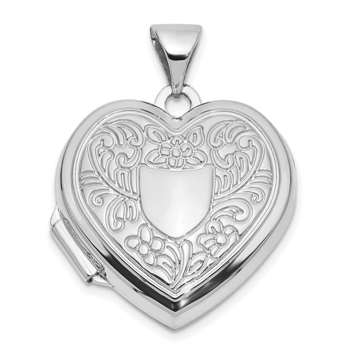 14k White Gold Heart Locket Pendant with Floral Design and Shield Motif