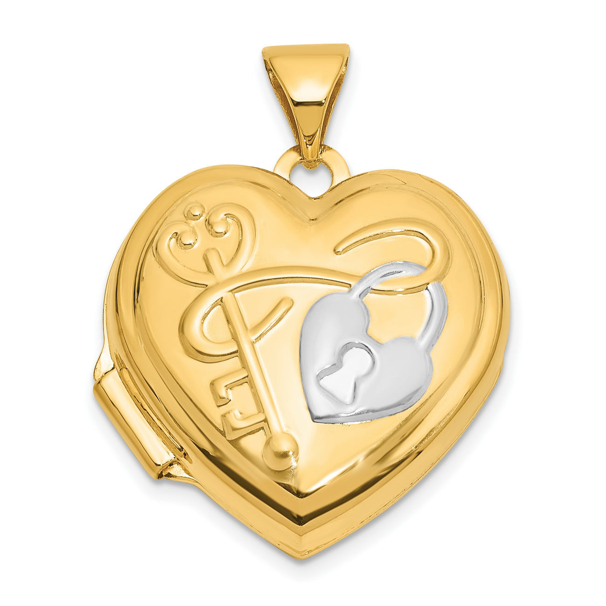 14k Yellow Gold and Rhodium Heart Locket Pendant with Key and Padlock Design for Women